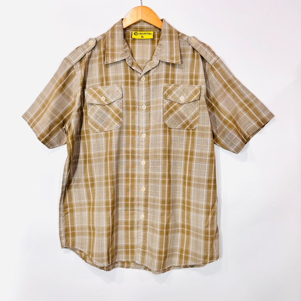 Akademiks Button Up Men XL Tan Plaid Epaulet Cargo Pocket Streetwear